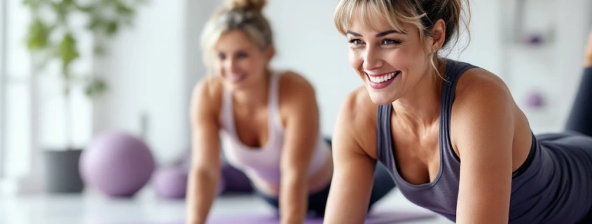 Twee vrouwen van verschillende leeftijden doen kernoefeningen op paarse matten terwijl een vriendelijke trainer begeleiding biedt in een lichte, moderne fitnessstudio.