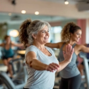 Drie 50+ vrouwen trainen op hydraulische apparatuur in een cirkelvormige Curves-fitnessruimte, terwijl een coach vriendelijk begeleiding biedt in een warme, ondersteunende sfeer.