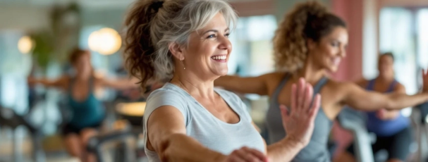 Drie 50+ vrouwen trainen op hydraulische apparatuur in een cirkelvormige Curves-fitnessruimte, terwijl een coach vriendelijk begeleiding biedt in een warme, ondersteunende sfeer.