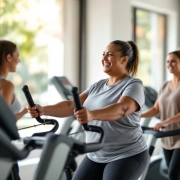 Diverse vrouwen trainen samen in lichte Curves-sportschool; één gebruikt krachtapparaat, ander doet cardio, terwijl coach begeleidt in uitnodigende circuitopstelling.