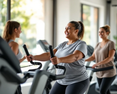 Diverse vrouwen trainen samen in lichte Curves-sportschool; één gebruikt krachtapparaat, ander doet cardio, terwijl coach begeleidt in uitnodigende circuitopstelling.