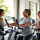 Diverse vrouwen trainen samen in lichte Curves-sportschool; één gebruikt krachtapparaat, ander doet cardio, terwijl coach begeleidt in uitnodigende circuitopstelling.