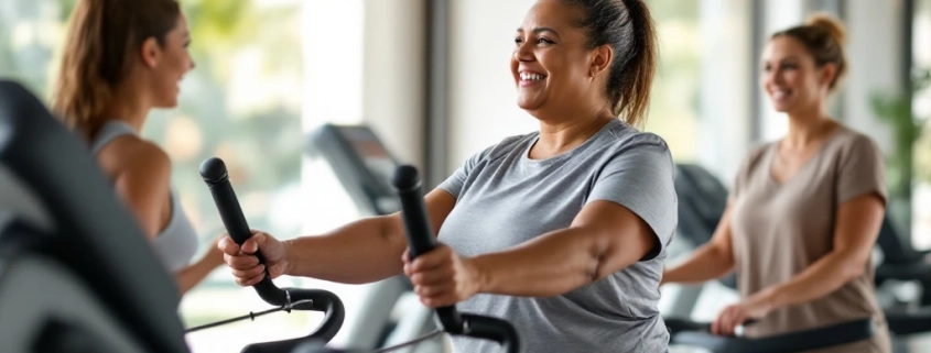 Diverse vrouwen trainen samen in lichte Curves-sportschool; één gebruikt krachtapparaat, ander doet cardio, terwijl coach begeleidt in uitnodigende circuitopstelling.