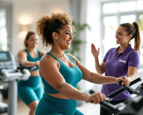 Twee diverse vrouwen trainen op hydraulische weerstandsmachines in een lichte Curves fitnessstudio, begeleid door een ondersteunende coach tijdens een 30-minuten circuittraining.