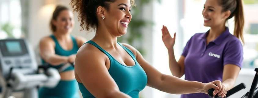 Twee diverse vrouwen trainen op hydraulische weerstandsmachines in een lichte Curves fitnessstudio, begeleid door een ondersteunende coach tijdens een 30-minuten circuittraining.