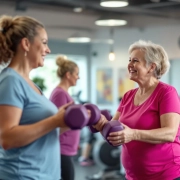 Vrouwvriendelijke fitnessruimte met hydraulische apparaten in cirkelopstelling waar twee 50+ vrouwen trainen onder begeleiding van een Curves-coach tijdens 30-minuten circuitprogramma.