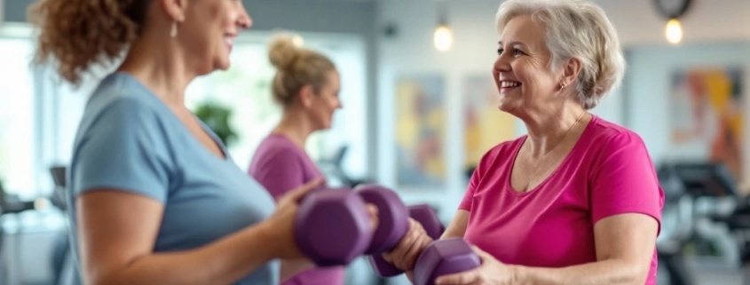 Vrouwvriendelijke fitnessruimte met hydraulische apparaten in cirkelopstelling waar twee 50+ vrouwen trainen onder begeleiding van een Curves-coach tijdens 30-minuten circuitprogramma.