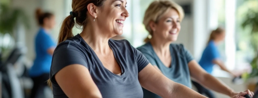 Vrouwen van boven de 50 trainen op hydraulische krachtapparatuur in cirkelopstelling bij Curves, begeleid door coach in ondersteunende en lichte fitnesszaal.