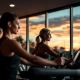 Vrouwen trainen 's avonds op hydraulische apparatuur bij Curves fitness terwijl een coach begeleiding geeft in een warm verlichte, rustgevende sportruimte.
