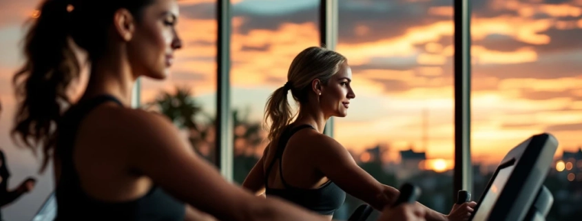 Vrouwen trainen 's avonds op hydraulische apparatuur bij Curves fitness terwijl een coach begeleiding geeft in een warm verlichte, rustgevende sportruimte.