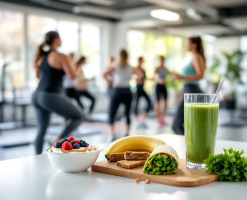 Gezonde snacks op tafel in een moderne Curves sportschool met vrouwen die circuittraining doen in een lichte, ondersteunende omgeving.