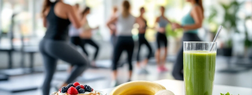 Gezonde snacks op tafel in een moderne Curves sportschool met vrouwen die circuittraining doen in een lichte, ondersteunende omgeving.