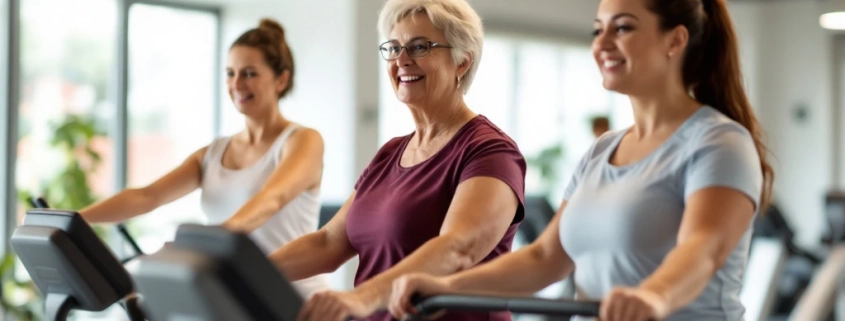 Vrouwen van 50+ trainen samen op paarse Curves-fitnessapparaten in een lichte, uitnodigende ruimte. Een coach begeleidt subtiel, in een toegankelijke, ondersteunende omgeving.