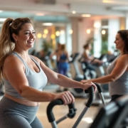 Vrouwen van 50+ trainen op Curves' hydraulische apparatuur in cirkelvormige opstelling, terwijl een coach vriendelijk begeleidt in een toegankelijke, ondersteunende fitnessomgeving.