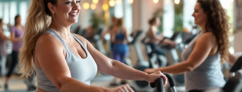 Vrouwen van 50+ trainen op Curves' hydraulische apparatuur in cirkelvormige opstelling, terwijl een coach vriendelijk begeleidt in een toegankelijke, ondersteunende fitnessomgeving.