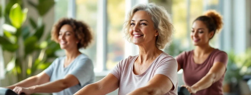 Diverse vrouwen trainen op Curves-apparatuur terwijl een coach correcte houding demonstreert in een lichte, rustgevende fitnessstudio met circuitopstelling.
