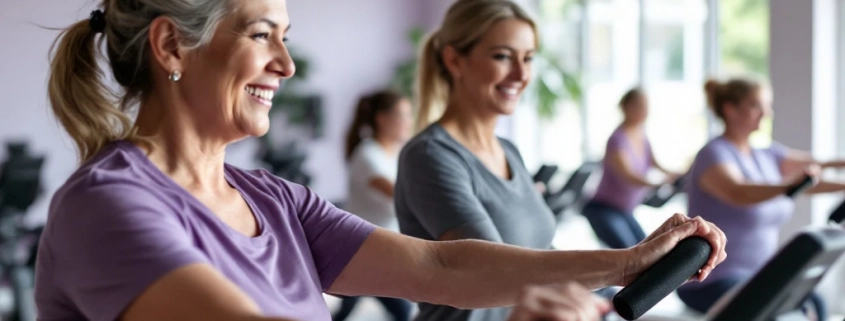 Diverse vrouwen trainen op hydraulische apparatuur bij Curves fitness, begeleid door een coach in een lichte, moderne ruimte met paarse accenten.