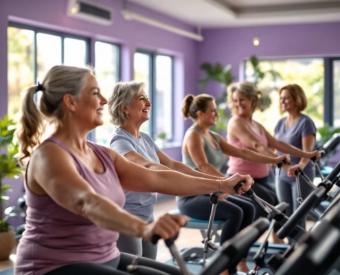 Vrouwen van middelbare leeftijd trainen samen op hydraulische apparaten in een Curves-fitnesscircuit, begeleid door een coach in een uitnodigende ruimte met paarse en turquoise accenten.