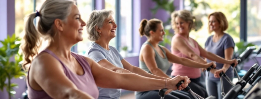 Vrouwen van middelbare leeftijd trainen samen op hydraulische apparaten in een Curves-fitnesscircuit, begeleid door een coach in een uitnodigende ruimte met paarse en turquoise accenten.