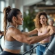 Diverse vrouwen trainen op hydraulische apparatuur in een zonnige Curves-fitnessruimte, begeleid door een vriendelijke coach tijdens het 30-minuten circuit.