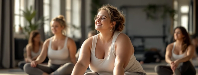 Diverse vrouwen doen ontspannende stretchoefeningen op yogamatten in een lichte Curves fitnessstudio, begeleid door een coach voor betere slaap.