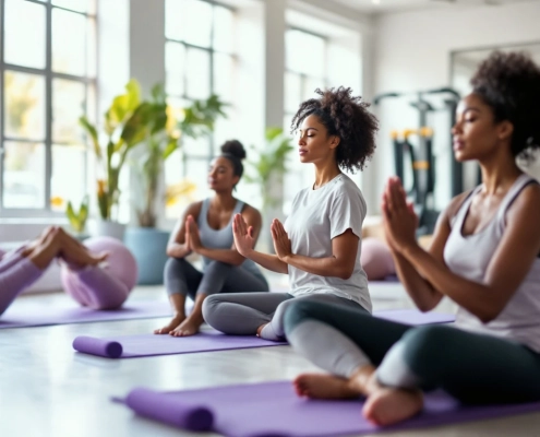 Diverse vrouwen doen stressreducerende oefeningen op paarse matten in een lichte Curves fitnessstudio met een coach en circuitapparatuur.