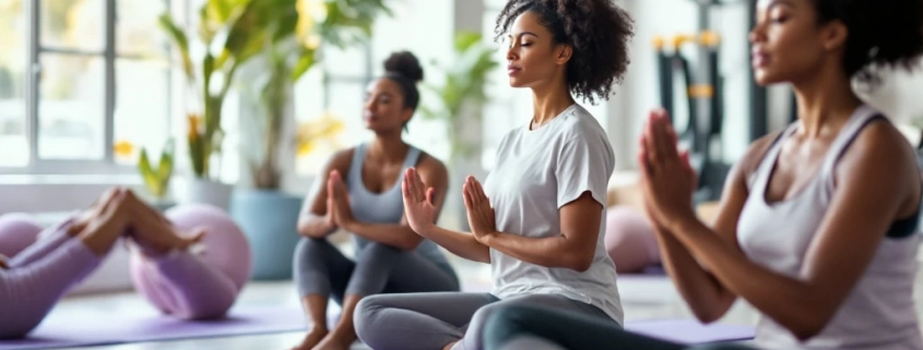 Diverse vrouwen doen stressreducerende oefeningen op paarse matten in een lichte Curves fitnessstudio met een coach en circuitapparatuur.
