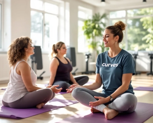 Drie diverse vrouwen doen stretchoefeningen op paarse matten in een lichte Curves fitnessstudio, terwijl een coach ademhalingstechnieken demonstreert.