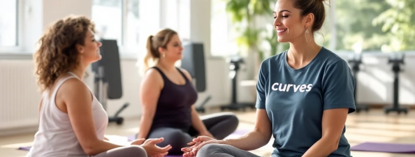 Drie diverse vrouwen doen stretchoefeningen op paarse matten in een lichte Curves fitnessstudio, terwijl een coach ademhalingstechnieken demonstreert.