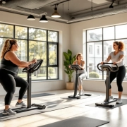 Vrouwen van verschillende leeftijden trainen samen op hydraulische apparaten in een lichte Curves-fitnessruimte, begeleid door een coach in een uitnodigende, ondersteunende sfeer.