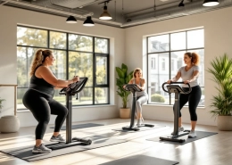 Vrouwen van verschillende leeftijden trainen samen op hydraulische apparaten in een lichte Curves-fitnessruimte, begeleid door een coach in een uitnodigende, ondersteunende sfeer.