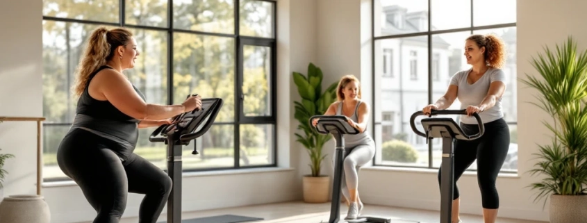 Vrouwen van verschillende leeftijden trainen samen op hydraulische apparaten in een lichte Curves-fitnessruimte, begeleid door een coach in een uitnodigende, ondersteunende sfeer.
