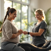Twee vrouwen met diverse lichaamstypen trainen in een rustige Curves-studio met hydraulische apparatuur in circuitopstelling, begeleid door een coach.