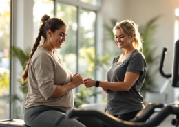 Twee vrouwen met diverse lichaamstypen trainen in een rustige Curves-studio met hydraulische apparatuur in circuitopstelling, begeleid door een coach.