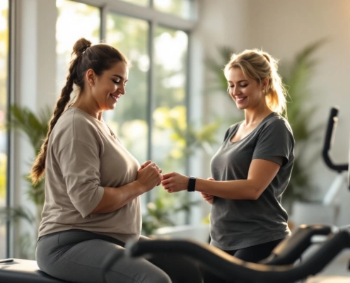 Twee vrouwen met diverse lichaamstypen trainen in een rustige Curves-studio met hydraulische apparatuur in circuitopstelling, begeleid door een coach.