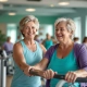 Gezellige Curves fitnessstudio met hydraulische apparatuur waar vrouwen van middelbare leeftijd in teal en paarse kleding trainen in een ondersteunende, gemeenschappelijke sfeer.