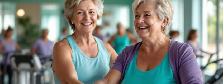 Gezellige Curves fitnessstudio met hydraulische apparatuur waar vrouwen van middelbare leeftijd in teal en paarse kleding trainen in een ondersteunende, gemeenschappelijke sfeer.