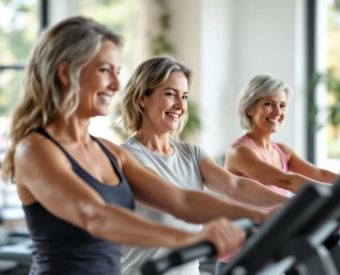 Vrouwen trainen op Curves-circuitapparatuur met behulpzame coach in lichte, moderne fitnessstudio. Ontspannen sfeer met focus op kracht en plezier.