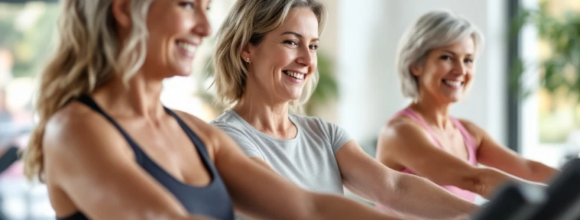 Vrouwen trainen op Curves-circuitapparatuur met behulpzame coach in lichte, moderne fitnessstudio. Ontspannen sfeer met focus op kracht en plezier.