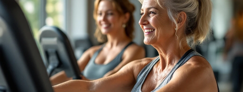Vrouwen van verschillende leeftijden trainen samen in een lichte Curves fitnessstudio, begeleid door een vriendelijke coach bij hydraulische krachtapparatuur.