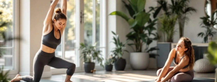 Vrouwen voeren rustige stretchoefeningen uit op yogamatten bij Curves terwijl een coach een ademhalingsoefening demonstreert in een serene, lichte fitnessruimte.