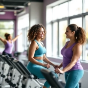 Vrouwen trainen op hydraulische weerstandsmachines in een lichte Curves-fitnessruimte, begeleid door een coach in een ondersteunende, alleen-voor-vrouwen omgeving.