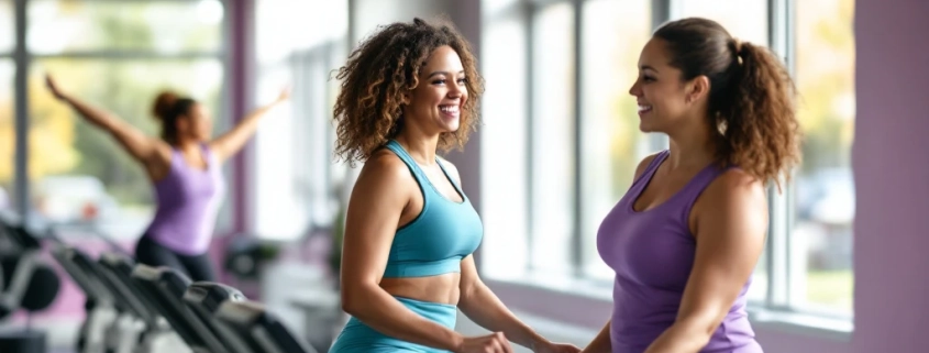 Vrouwen trainen op hydraulische weerstandsmachines in een lichte Curves-fitnessruimte, begeleid door een coach in een ondersteunende, alleen-voor-vrouwen omgeving.