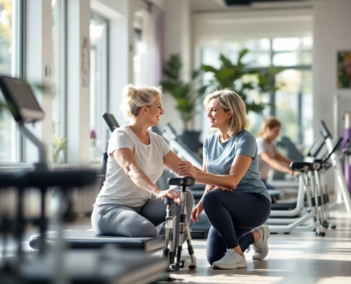 Vrouwen van verschillende leeftijden trainen op hydraulische apparaten in een lichte Curves-fitnessruimte, terwijl een coach vriendelijk de juiste techniek demonstreert.