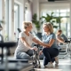 Vrouwen van verschillende leeftijden trainen op hydraulische apparaten in een lichte Curves-fitnessruimte, terwijl een coach vriendelijk de juiste techniek demonstreert.