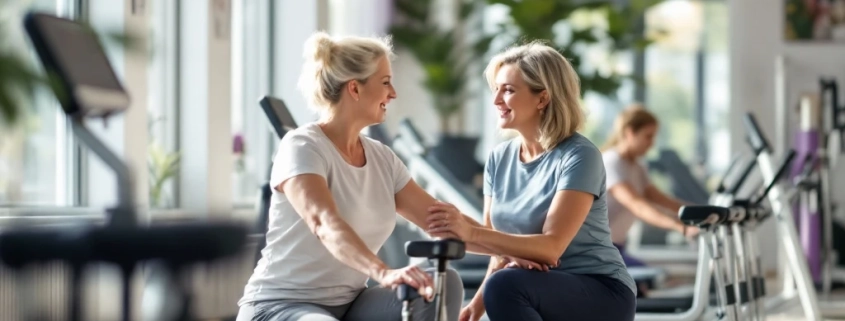 Vrouwen van verschillende leeftijden trainen op hydraulische apparaten in een lichte Curves-fitnessruimte, terwijl een coach vriendelijk de juiste techniek demonstreert.