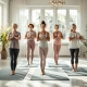 Diverse vrouwen doen rustige stretchoefeningen op paarse matten, begeleid door een Curves-coach in een warme fitnessstudio met hydraulische apparaten.