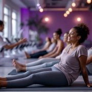 Diverse vrouwen ontspannen na hun 30-minuten training bij Curves fitness. Een vrouw strekt uit terwijl een coach anderen begeleidt in de warme, paarse trainingsruimte.