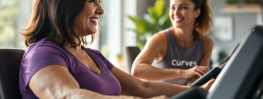 Vrouwen trainen op hydraulische apparatuur in een lichte Curves fitnessstudio, begeleid door een coach in een veilige, vrouwelijke omgeving.