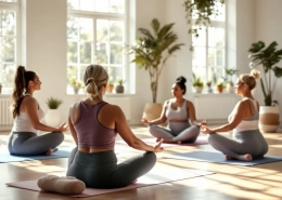 Diverse vrouwen volgen een ontspannende les op paarse Curves-matten in een lichte fitnessstudio, begeleid door een coach in Curves-sportkleding.